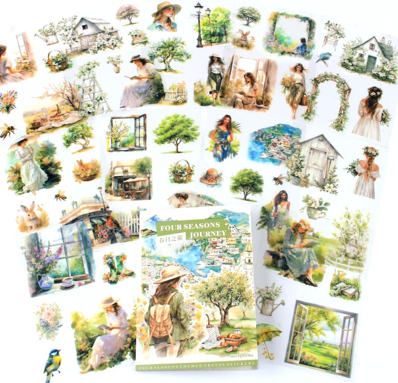 Dwpetzo Spring Landscape Pre-Cut Journal Sticker Book for Junk Journaling, Transparent PET Stickers for Scrapbook Supplies, Scrapbooking, Collage, Planners, Bujo, 20 Sheets - Image 1