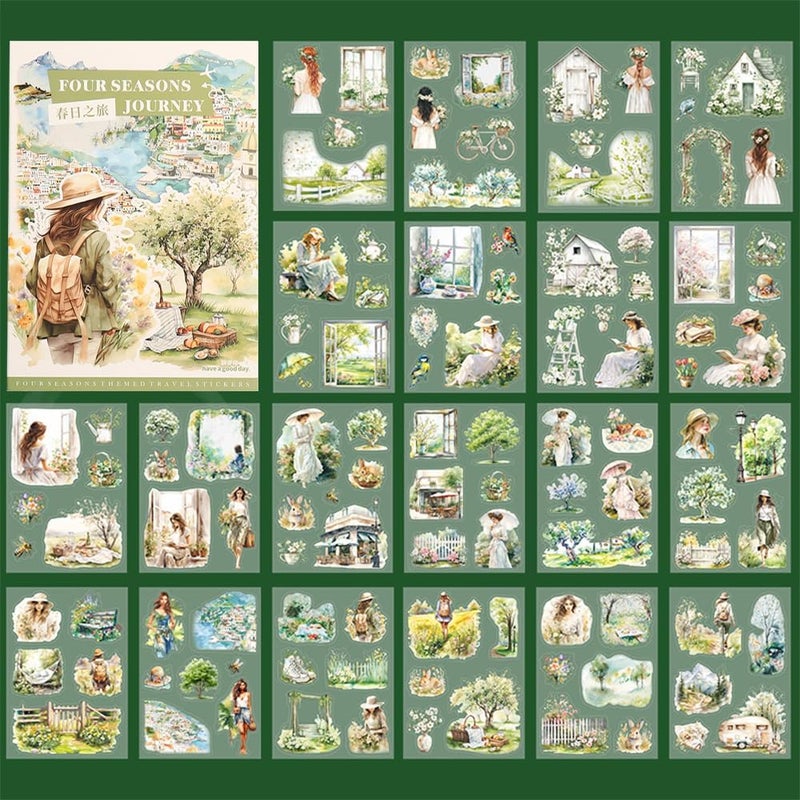 Dwpetzo Spring Landscape Pre-Cut Journal Sticker Book for Junk Journaling, Transparent PET Stickers for Scrapbook Supplies, Scrapbooking, Collage, Planners, Bujo, 20 Sheets - Image 2