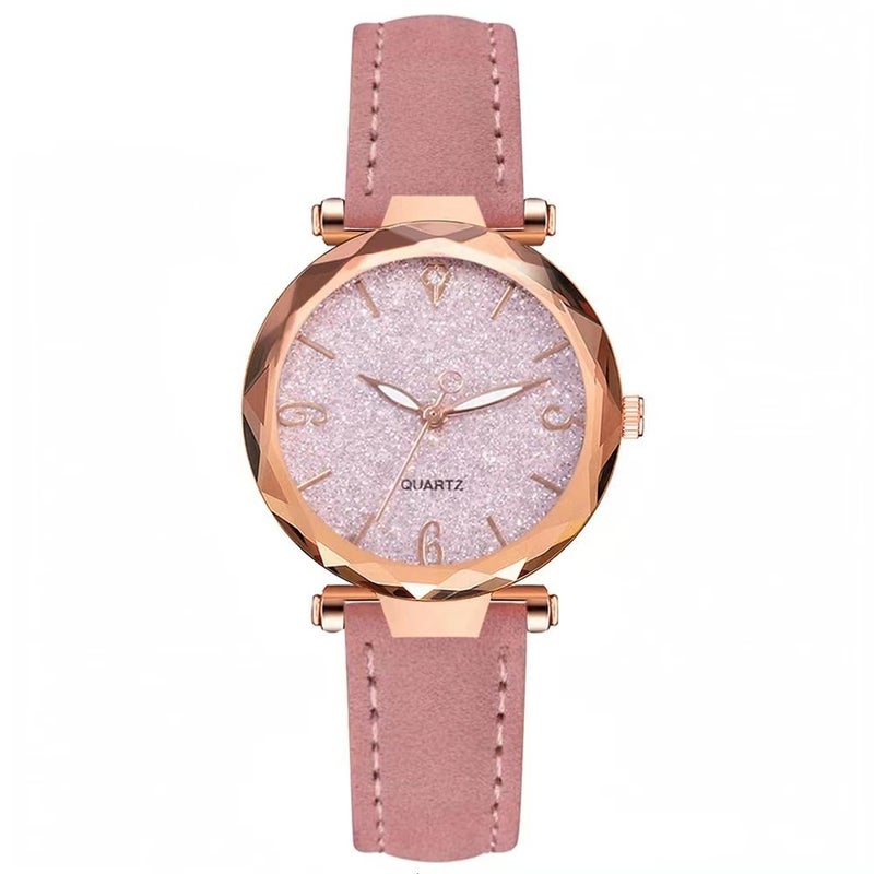 2023 New Cross-border Popular Powder Digital Face Wristwatch Womens 2-piece Set Hexagon Bracelet Ladies Watch Pink 