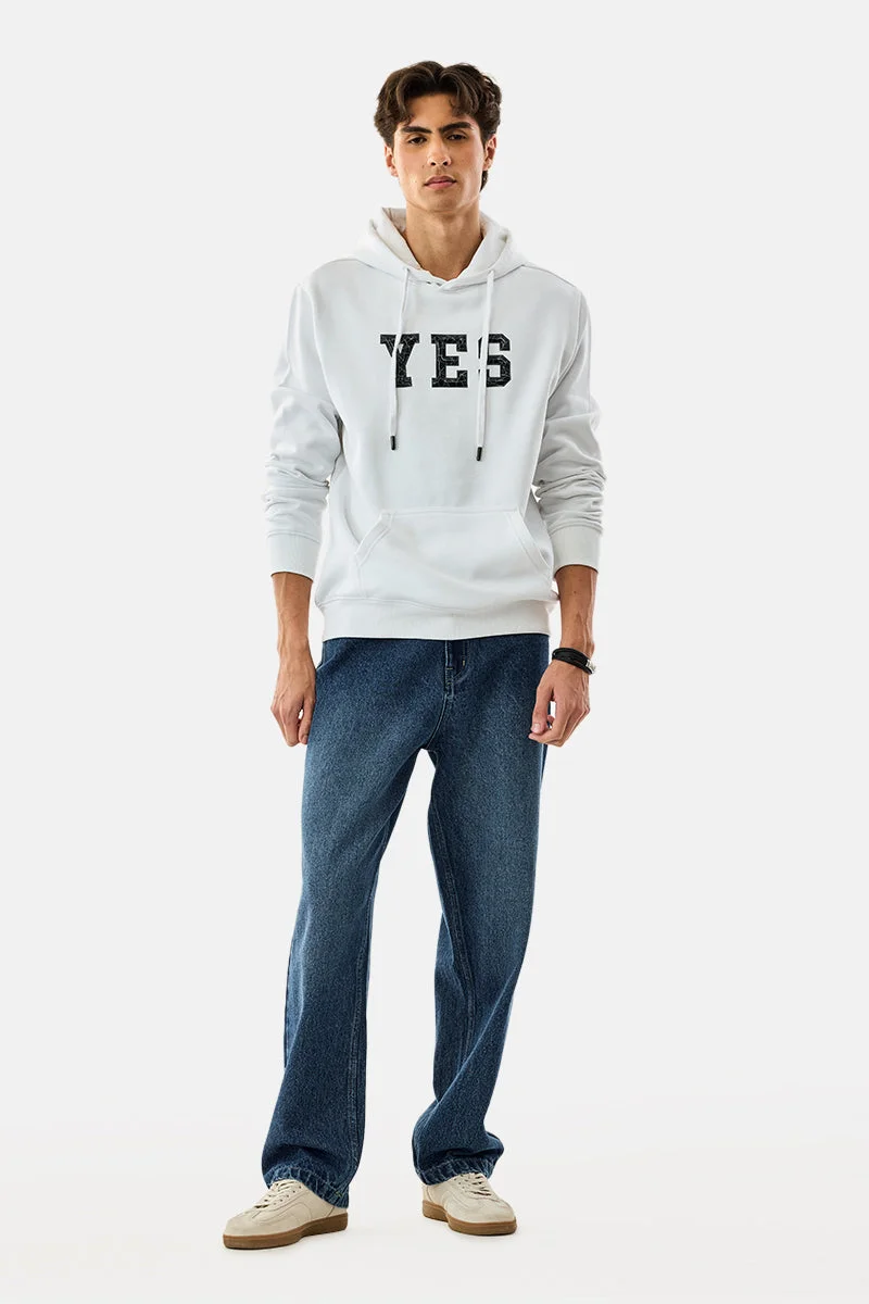 سنيتش White Graphic Long Sleeve Regular Fit Streetwear Hoodie