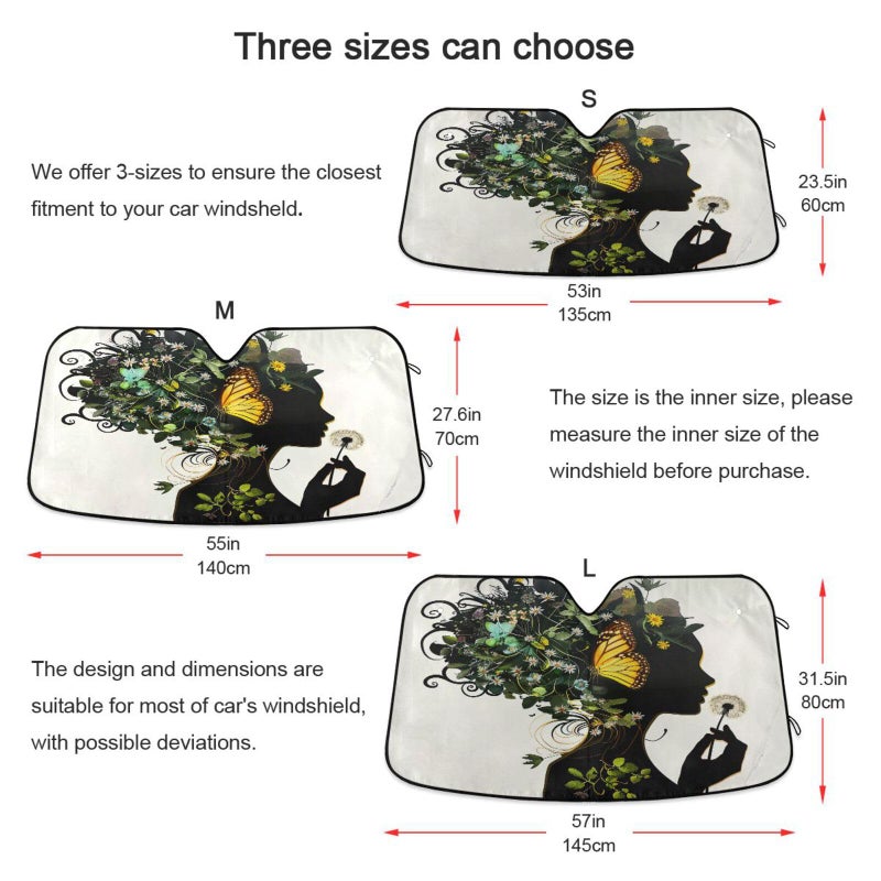 Dussdil Black Afro Girl Butterfly Flowers Car Windshield Sun Shade African American Woman Sunshade Block UV Rays Protector Keep Your Vehicle Cool Sun Shield Visor Cover Foldable for Car Truck SUV M - Image 2