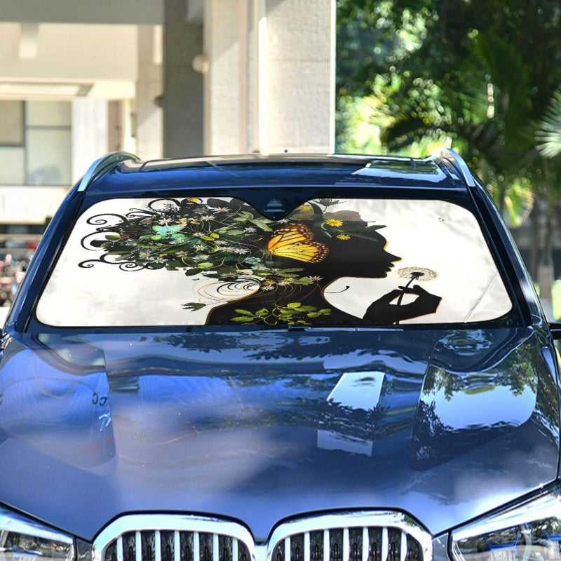 Dussdil Black Afro Girl Butterfly Flowers Car Windshield Sun Shade African American Woman Sunshade Block UV Rays Protector Keep Your Vehicle Cool Sun Shield Visor Cover Foldable for Car Truck SUV M - Image 3