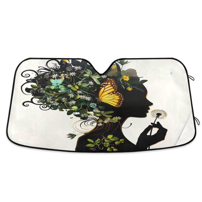 Dussdil Black Afro Girl Butterfly Flowers Car Windshield Sun Shade African American Woman Sunshade Block UV Rays Protector Keep Your Vehicle Cool Sun Shield Visor Cover Foldable for Car Truck SUV M - Image 1