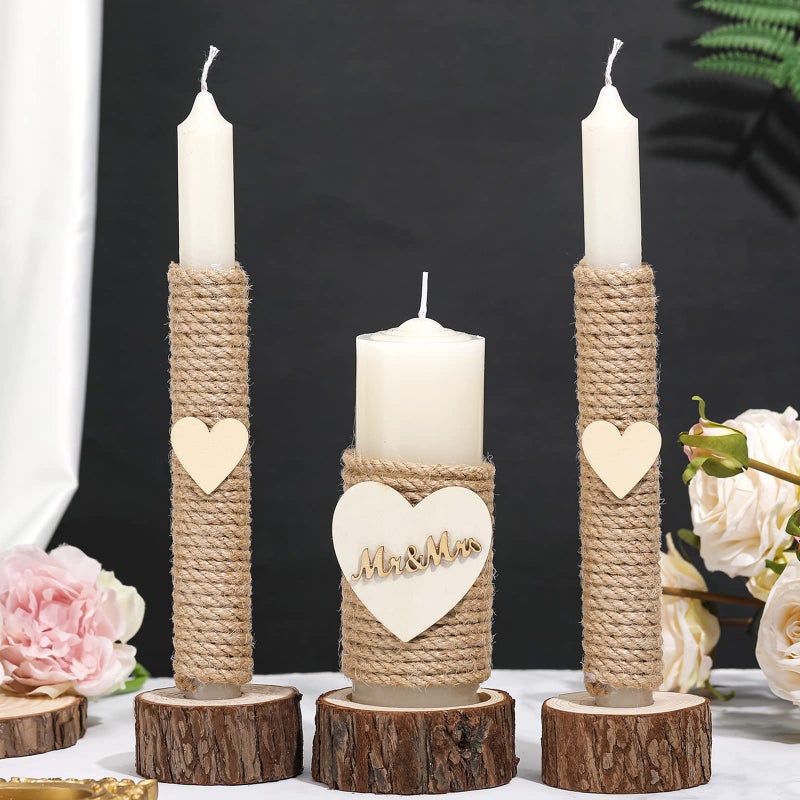 Amyhill 3 Pcs Rustic Unity Candles for Wedding Ceremony Set Mr and Mrs Burlap 159 Pillar 298 Taper Candles for Weddings Ceremony Events Decor Emergency LightingRomantic Style