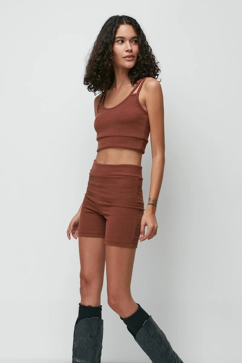 C&city Ribbed Shoulder Detailed Bustier Shorts Set 9133 Brown