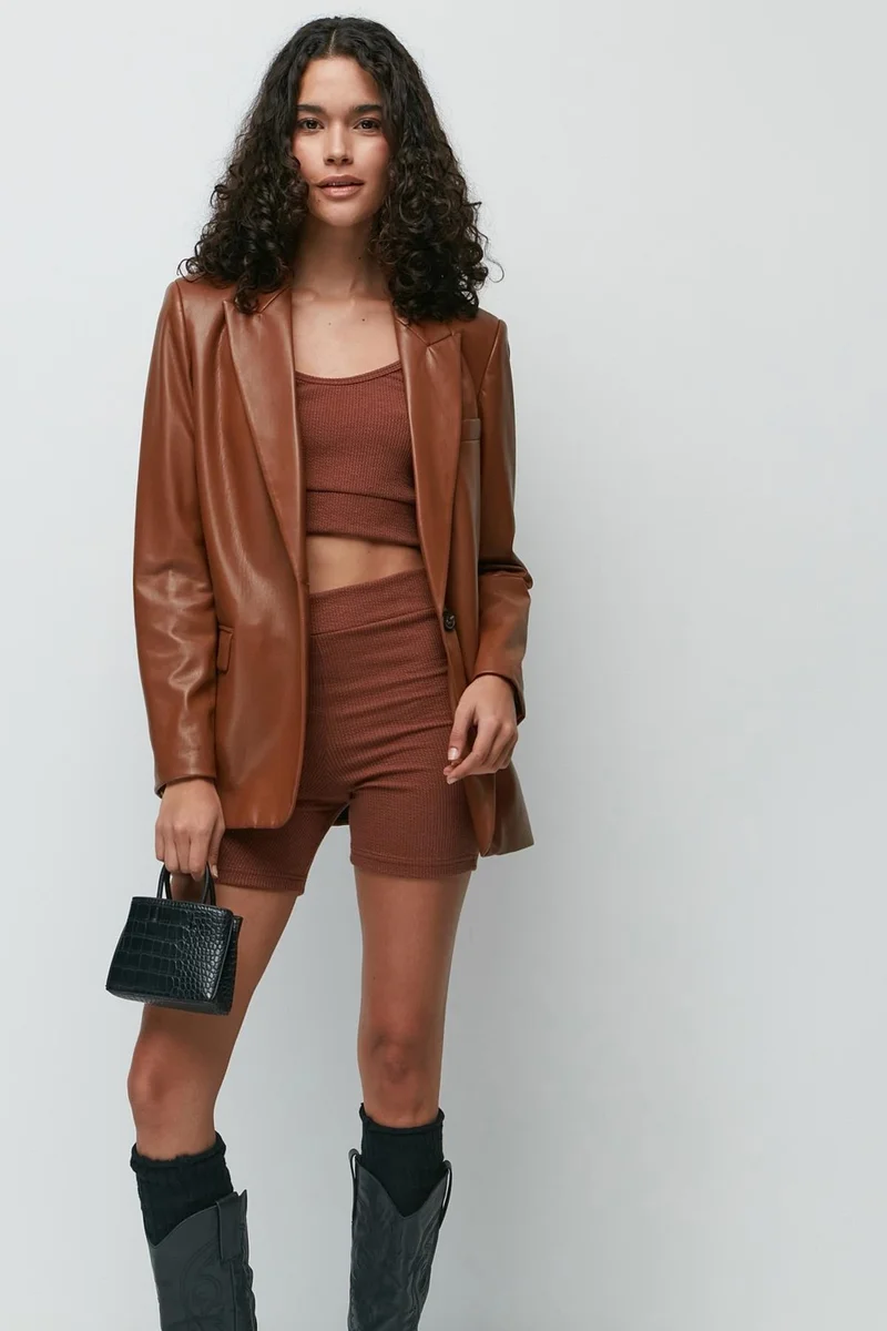 C&city Ribbed Shoulder Detailed Bustier Shorts Set 9133 Brown