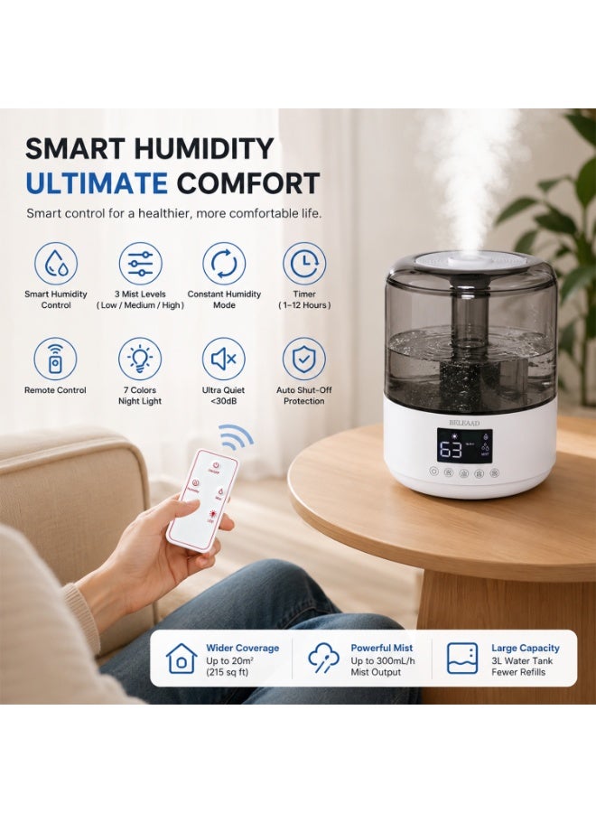 3-in-1 Air Humidifier with Night Light, Aroma Diffuser & Ultra-Quiet Humidifier – 3L Top-Fill, Remote Control, Ideal for Bedroom & Office - Image 2