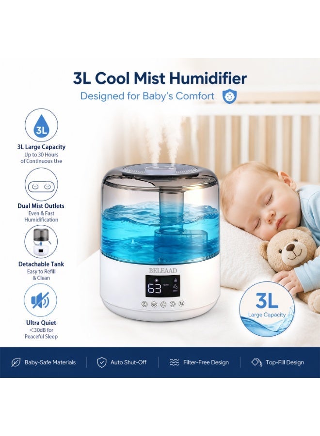 3-in-1 Air Humidifier with Night Light, Aroma Diffuser & Ultra-Quiet Humidifier – 3L Top-Fill, Remote Control, Ideal for Bedroom & Office - Image 3