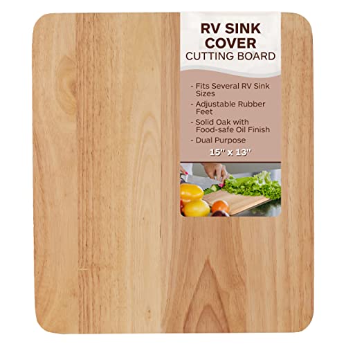 TonGass 15"x13"x3/4" RV Sink Cover with Adjustable Rubber Feet, Camping Cutting Board, Solid Oak with Food-Safe Oil Finish, Dual Purpose Sink Cover Cutting Board Add Counter Space in RV Kitchen - Image 1