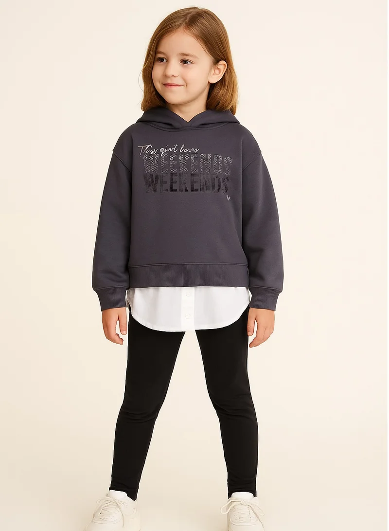 victor and jane Girls Layered Weekends Fleece Hoodie – Charcoal Grey