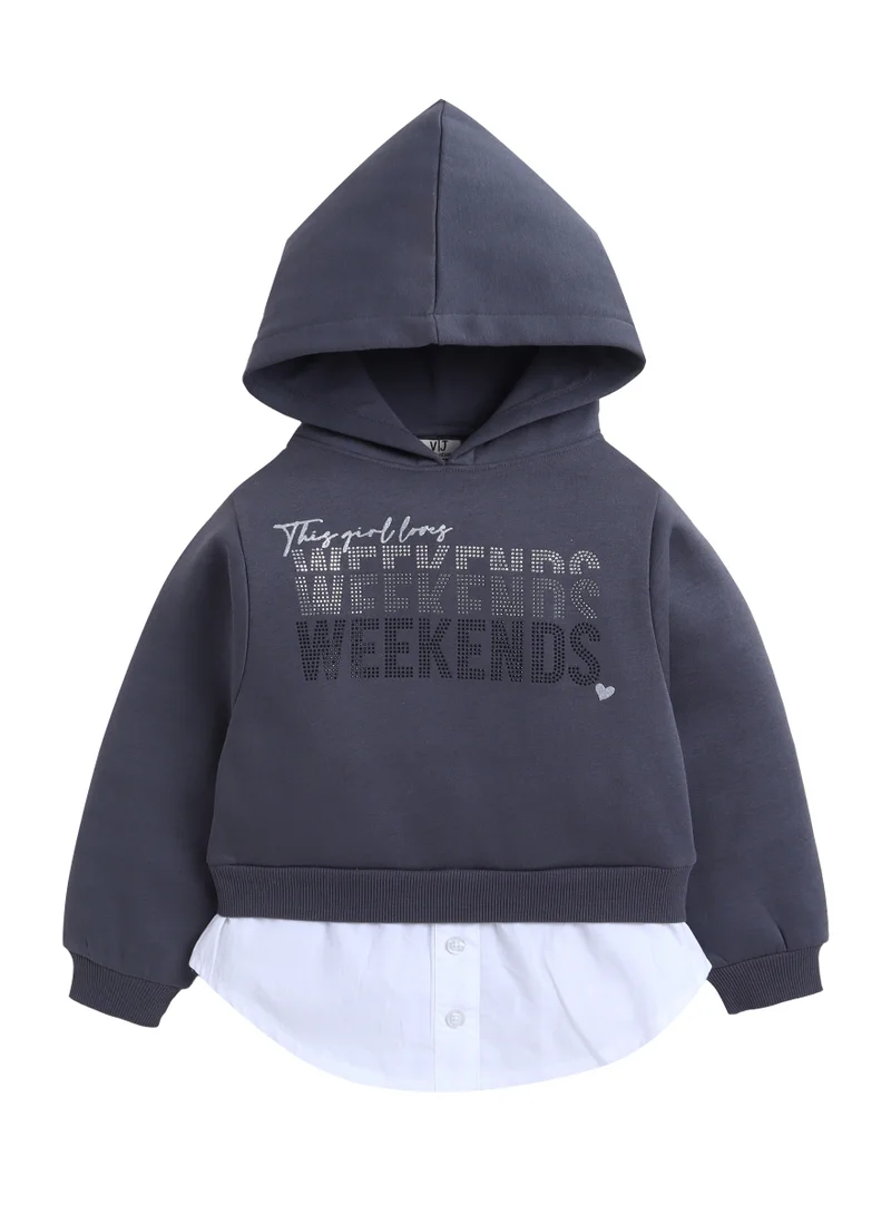 victor and jane Girls Layered Weekends Fleece Hoodie – Charcoal Grey