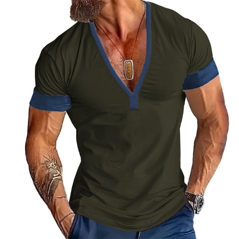 and Ins Cross-Border 2025 Summer Fast Selling Short-Sleeved Casual Men''s V Neck Large Size Patchwork T-Shirt Top - Image 3