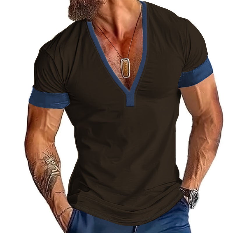 and Ins Cross-Border 2025 Summer Fast Selling Short-Sleeved Casual Men''s V Neck Large Size Patchwork T-Shirt Top - Image 5