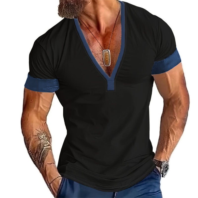 and Ins Cross-Border 2025 Summer Fast Selling Short-Sleeved Casual Men''s V Neck Large Size Patchwork T-Shirt Top - Image 2