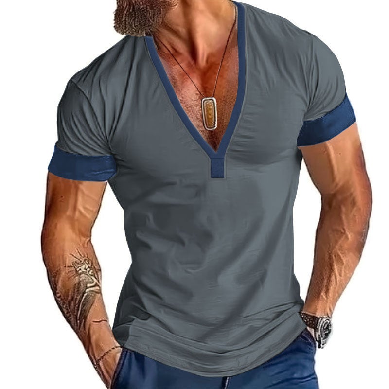 and Ins Cross-Border 2025 Summer Fast Selling Short-Sleeved Casual Men''s V Neck Large Size Patchwork T-Shirt Top - Image 4