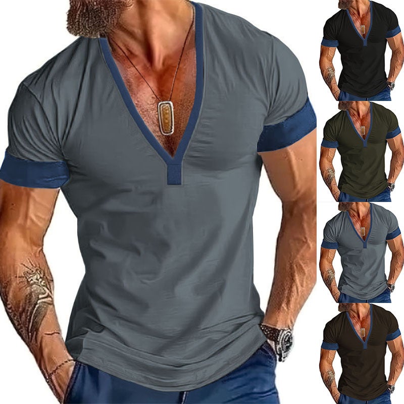 and Ins Cross-Border 2025 Summer Fast Selling Short-Sleeved Casual Men''s V Neck Large Size Patchwork T-Shirt Top - Image 1