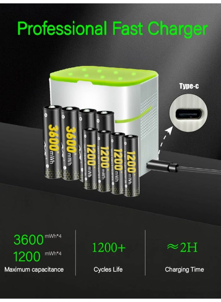 موكس 4 بطاريات ليثيوم قابلة لإعادة الشحن من نوع AAA و4 بطاريات AA مع شاحن، عبوة من 8 بطاريات 1.5 فولت Triple A Double A قابلة لإعادة الشحن وبطارية ليثيوم طويلة الأمد مع صندوق تخزين شحن مدمج (4AAA+4AA) - Image 3