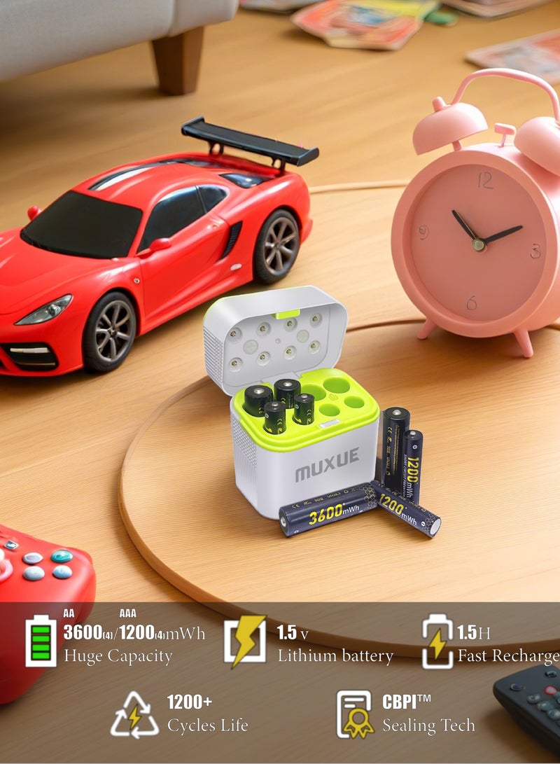 موكس 4 بطاريات ليثيوم قابلة لإعادة الشحن من نوع AAA و4 بطاريات AA مع شاحن، عبوة من 8 بطاريات 1.5 فولت Triple A Double A قابلة لإعادة الشحن وبطارية ليثيوم طويلة الأمد مع صندوق تخزين شحن مدمج (4AAA+4AA) - Image 2