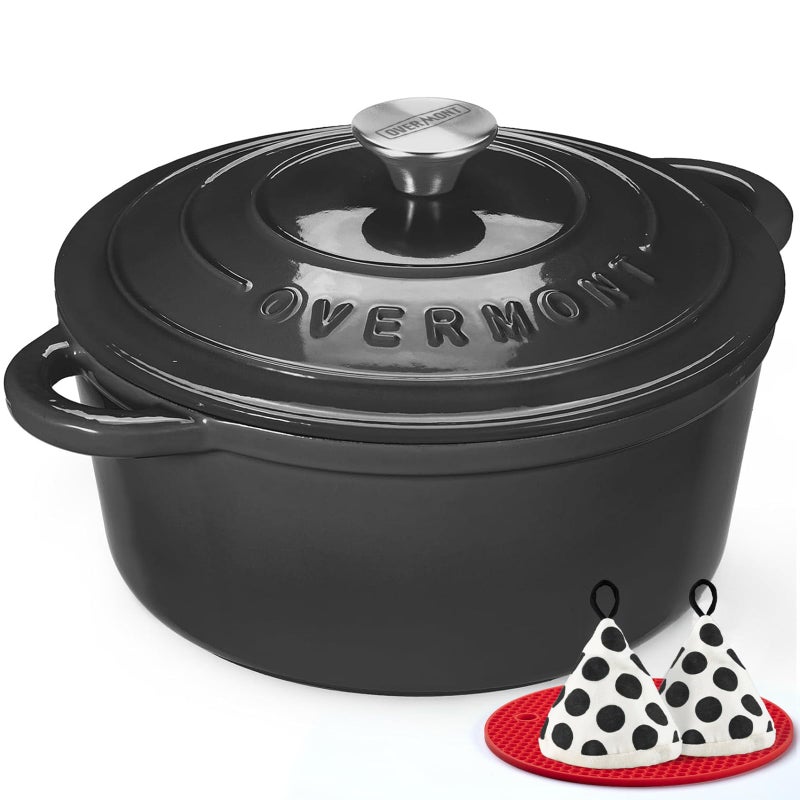 Overmont Enameled Cast Iron Dutch Oven - 5.5QT Pot with Lid Cookbook & Cotton Potholders - Heavy-Duty Cookware for Braising, Stews, Roasting, Sourdough Baking Graphite Gray - Image 1