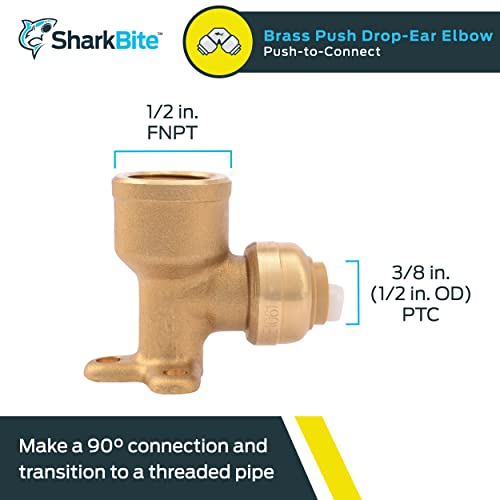 SharkBite 3/8 Inch x 1/2 Inch Drop Ear Elbow, FNPT, Push to Connect Brass Plumbing Fitting, PEX Pipe, Copper, CPVC, PE-RT, HDPE, U332LFA - Image 2