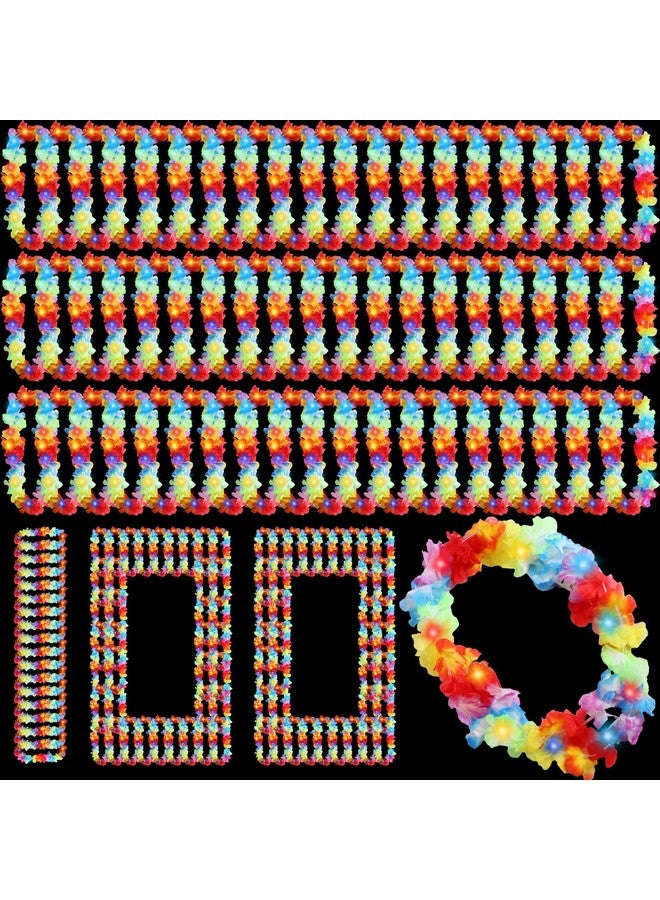 Sherr 100 Pcs LED Hawaiian Leis Bulk Light up Rainbow Luau Leis Christmas Necklace Flashing Patriotic Hawaiian Tropical Theme Flower Necklace for Holiday Beach Carnival 4th July (Cute Color)  - Image 1
