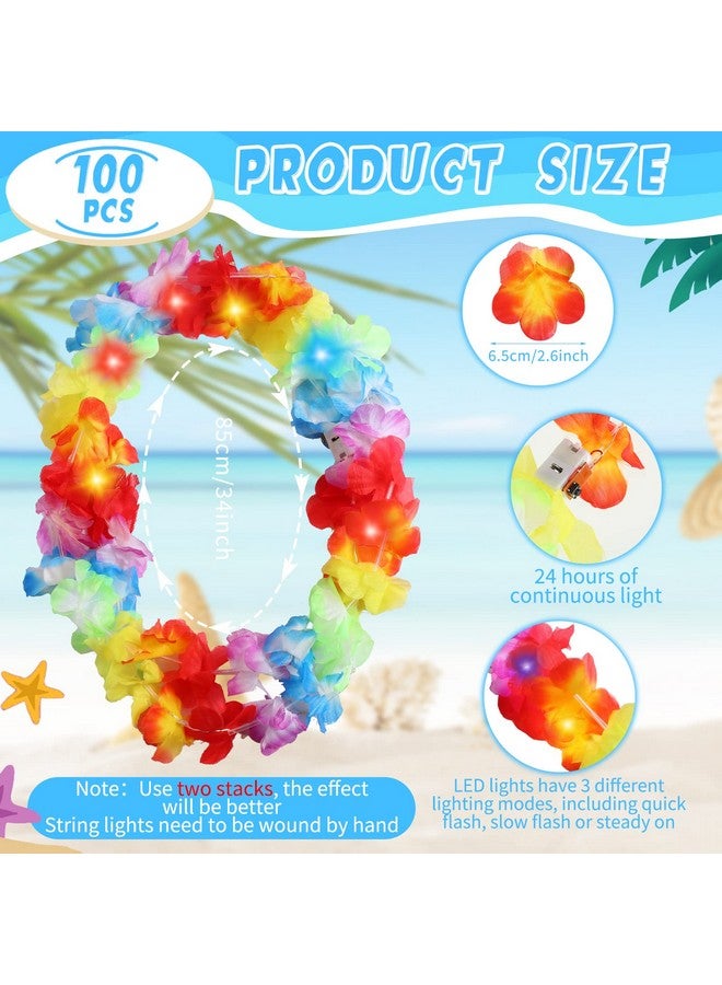 Sherr 100 Pcs LED Hawaiian Leis Bulk Light up Rainbow Luau Leis Christmas Necklace Flashing Patriotic Hawaiian Tropical Theme Flower Necklace for Holiday Beach Carnival 4th July (Cute Color)  - Image 2