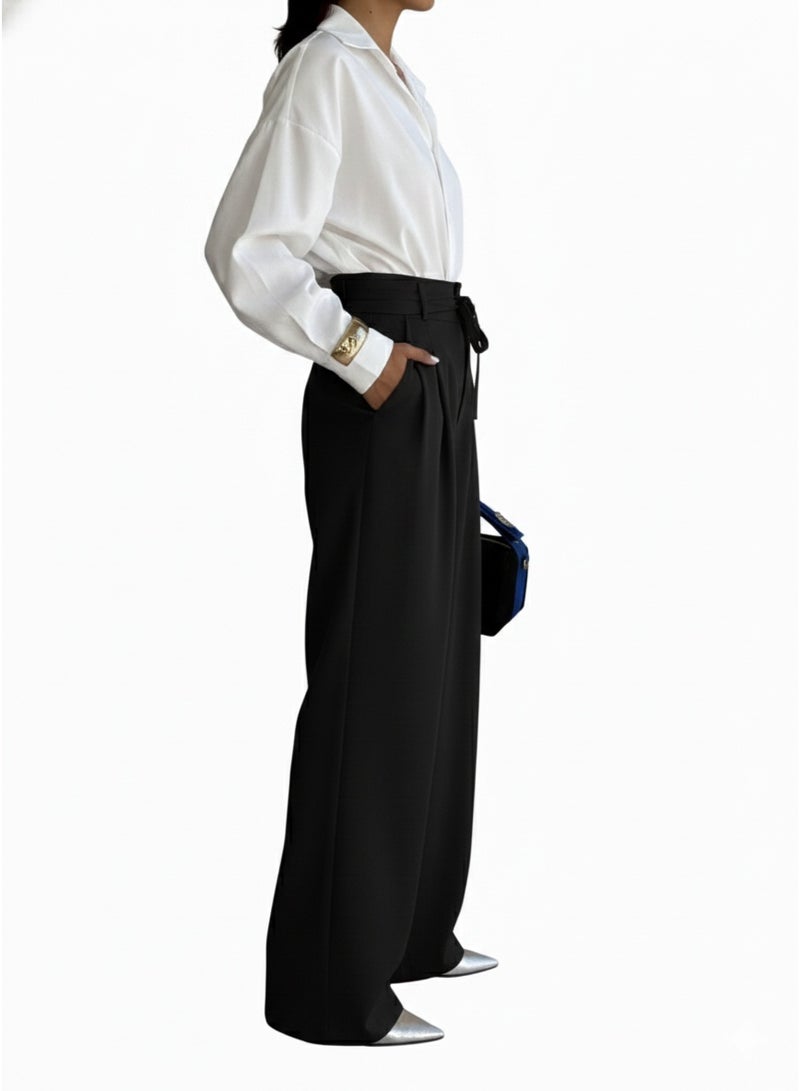 Women’s Black Formal Wide-Leg Pants with High Waist and Tie Belt - Image 3