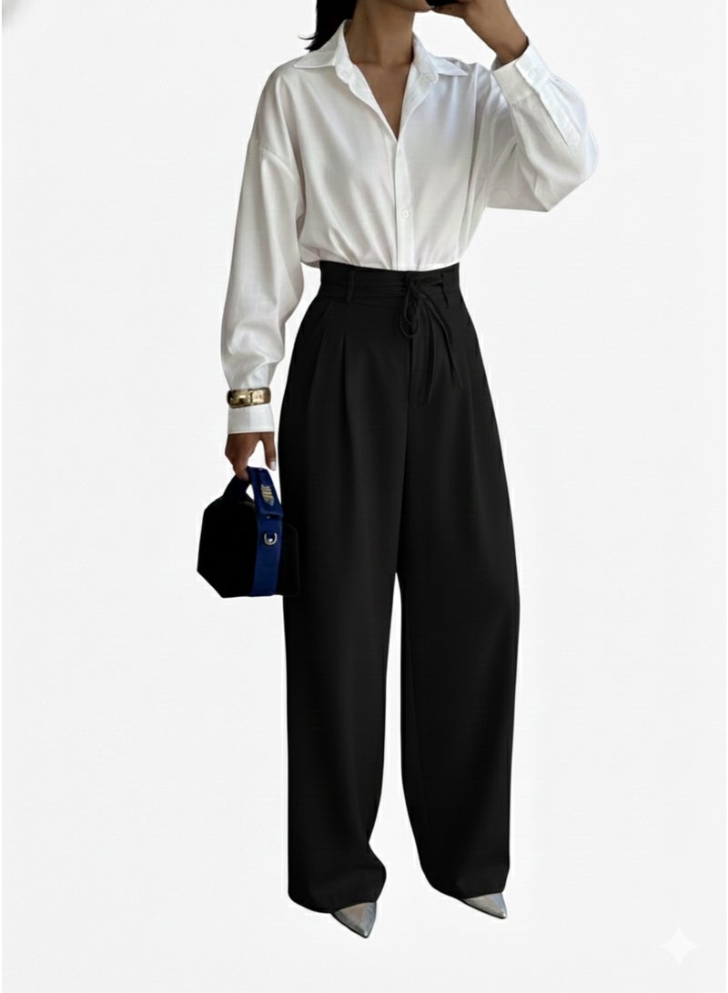 Women’s Black Formal Wide-Leg Pants with High Waist and Tie Belt - Image 1