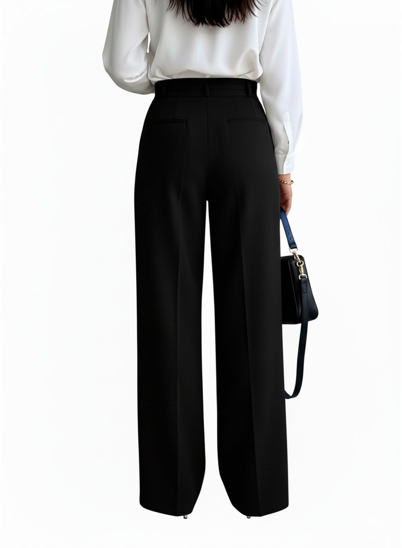 Women’s Black Formal Wide-Leg Pants with High Waist and Tie Belt - Image 2