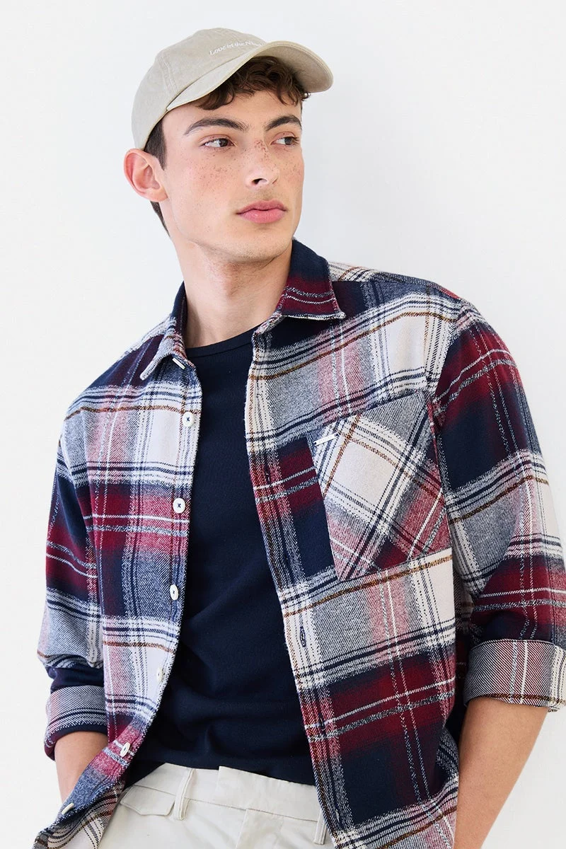 SNITCH Navy Blue Checkered Long Sleeve Oversized Shirt