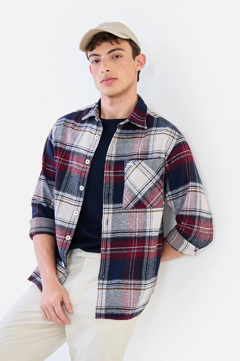 SNITCH Navy Blue Checkered Long Sleeve Oversized Shirt