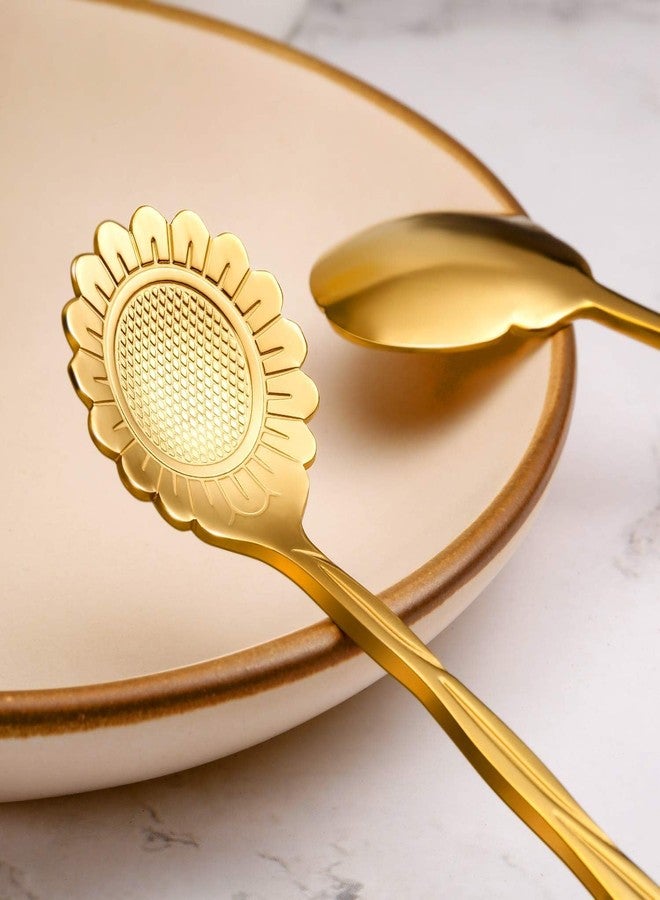 BLISSBORN Kitchen Dinner Dining Tableware, Cutlery Dessert Spoon, Coffee, Sugar, Mixing, Tea, Stirring,Cake and Ice Cream Spoon,Stir bar Gold Flower Stainless Steel Spoon-Set of 4 - Image 5