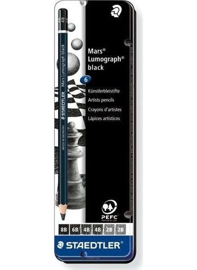 STAEDTLER مجموعة أقلام رصاص فحم من ستيدلر مارس لوموجراف باللون الأسود، مكونة من 6 قطع، علبة معدنية 