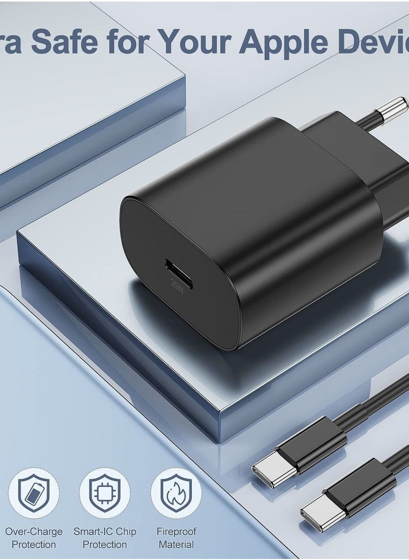 Generic - 25W EU Plug Fast Charger with USB C to USB C PD Cable Set , Compatible with Samsung Galaxy S24/S23/S23+/S22/S22+/S24 Ultra/Z Flip 6/Flip 5/Flip 4/Flip 3/Z Fold 6 5G/Z Fold 5/ Z Fold 4/S20/Note 20 Ultra/A55/A35/A16/A15/A14A14/A12/A34/A33/M54 and Most Mobile Phone with Type C Port - Image 1