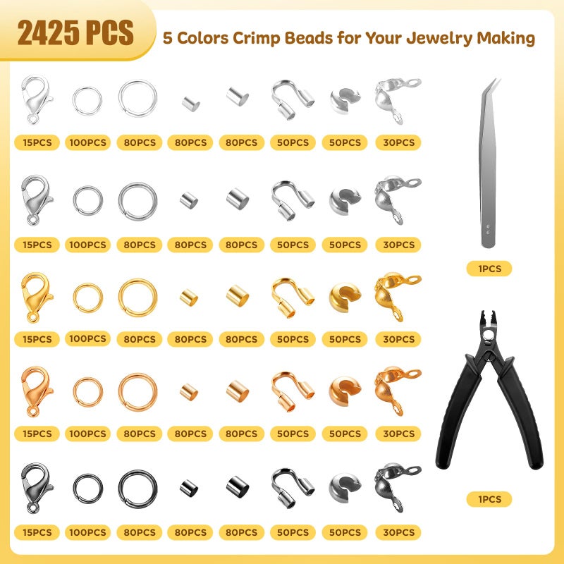 Funtopia 2425pcs Crimp Beads Jewelry Making Kit, Funtopia Crimp Tubes, Crimp Covers, Wire Guards, Lobster Clasp, Jump Ring for Bracelet Earring Necklace Making DIY Jewelry Repair Kit Supplies - Image 2