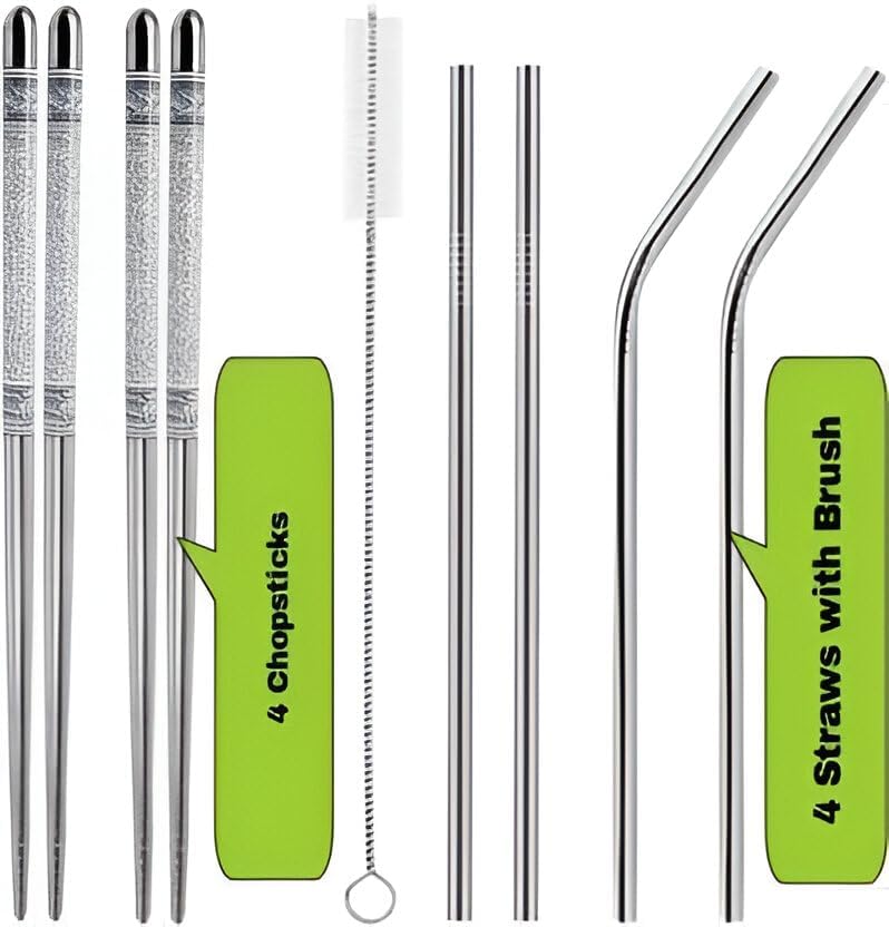 Zelwie Stainless Steel Combo Korean Vietnamese Chopsticks Drinking Straws Kitchen Tool Set 4 Chopsticks 4 Straws 1 Cleaning Brush - Image 1
