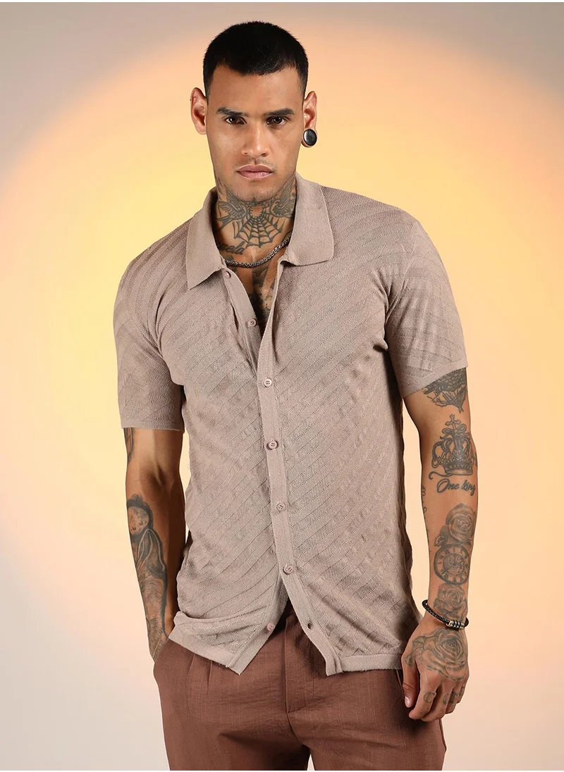 Campus Sutra Men's Khaki Beige Tilted-Knit Shirt