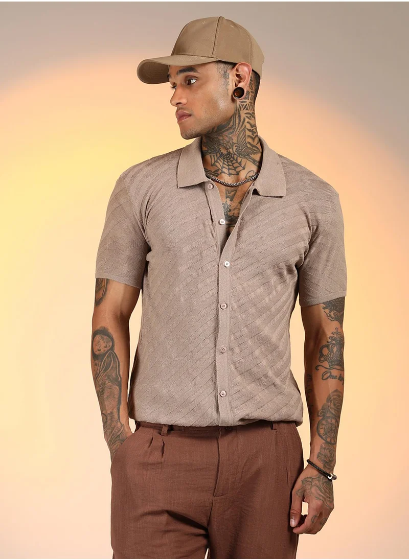 Campus Sutra Men's Khaki Beige Tilted-Knit Shirt