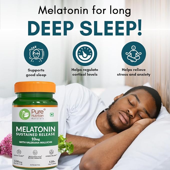 Pure Nutrition Melatonin 10mg with Tagar 250mg - 120 Veg Tablets | Non-Addictive Sleep Aid | Helps Fall Asleep Fast | Promotes Deep Sleep | Enhances Sleep Quality | Helps In Relaxation - Image 2