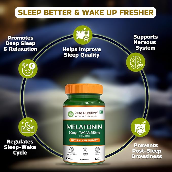 Pure Nutrition Melatonin 10mg with Tagar 250mg - 120 Veg Tablets | Non-Addictive Sleep Aid | Helps Fall Asleep Fast | Promotes Deep Sleep | Enhances Sleep Quality | Helps In Relaxation - Image 3