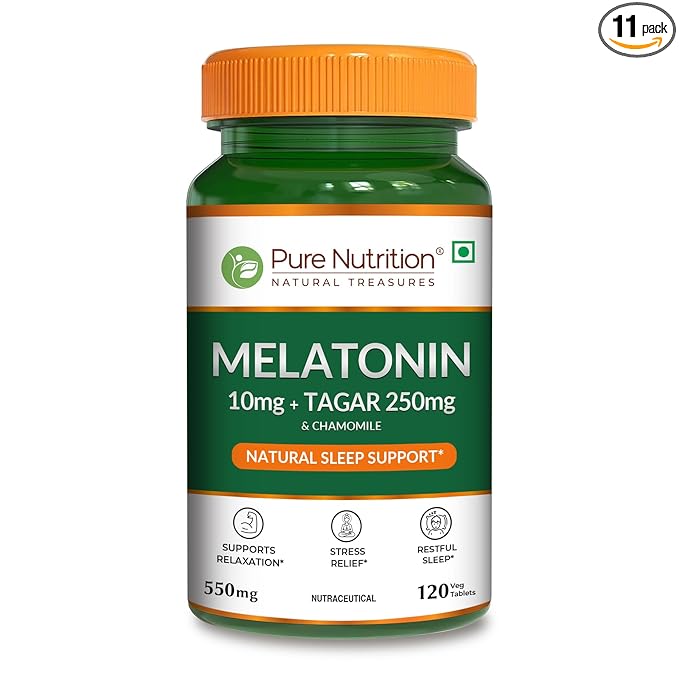 Pure Nutrition Melatonin 10mg with Tagar 250mg - 120 Veg Tablets | Non-Addictive Sleep Aid | Helps Fall Asleep Fast | Promotes Deep Sleep | Enhances Sleep Quality | Helps In Relaxation - Image 1