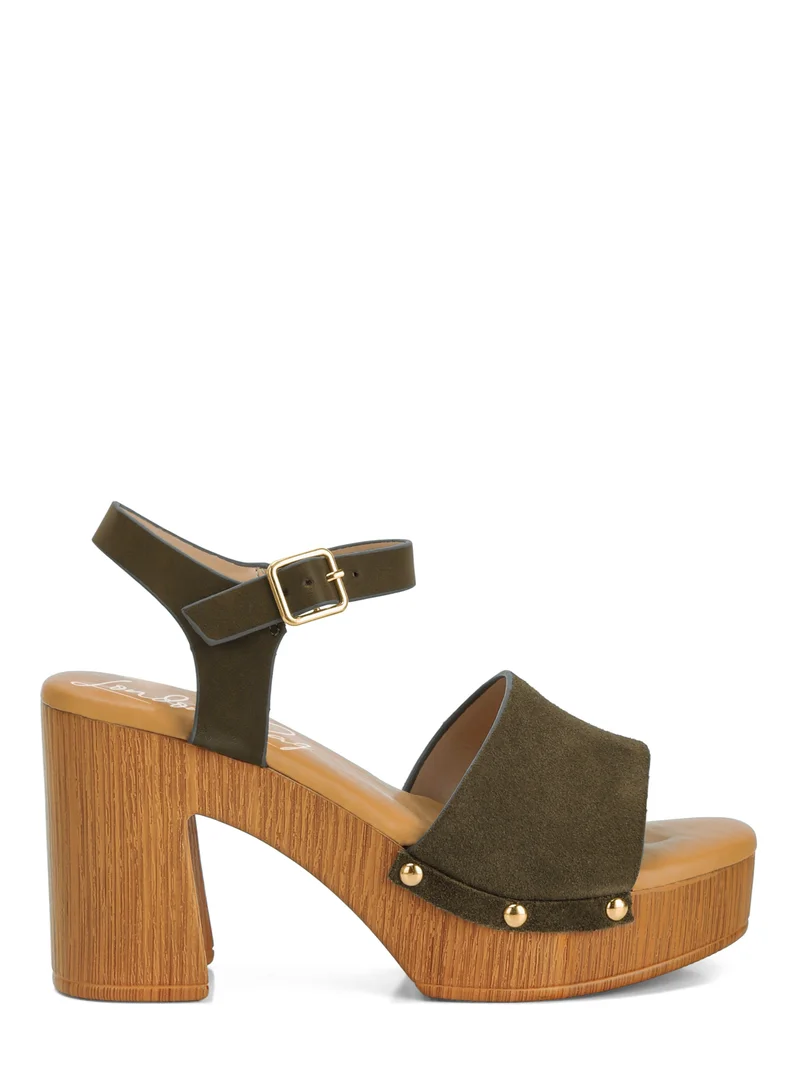 Suede High Block Sandals in Olive