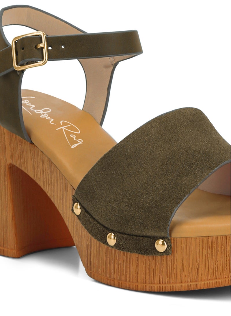 London Rag Suede High Block Sandals in Olive - Image 5