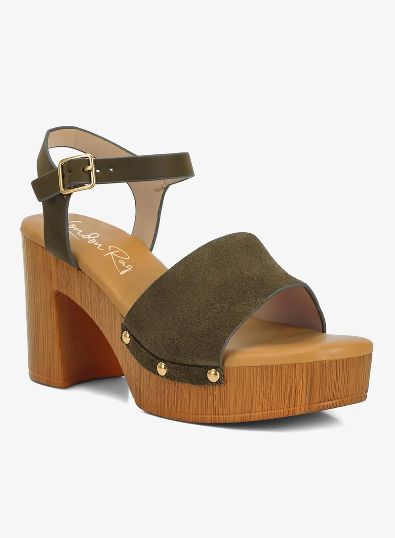 London Rag Suede High Block Sandals in Olive