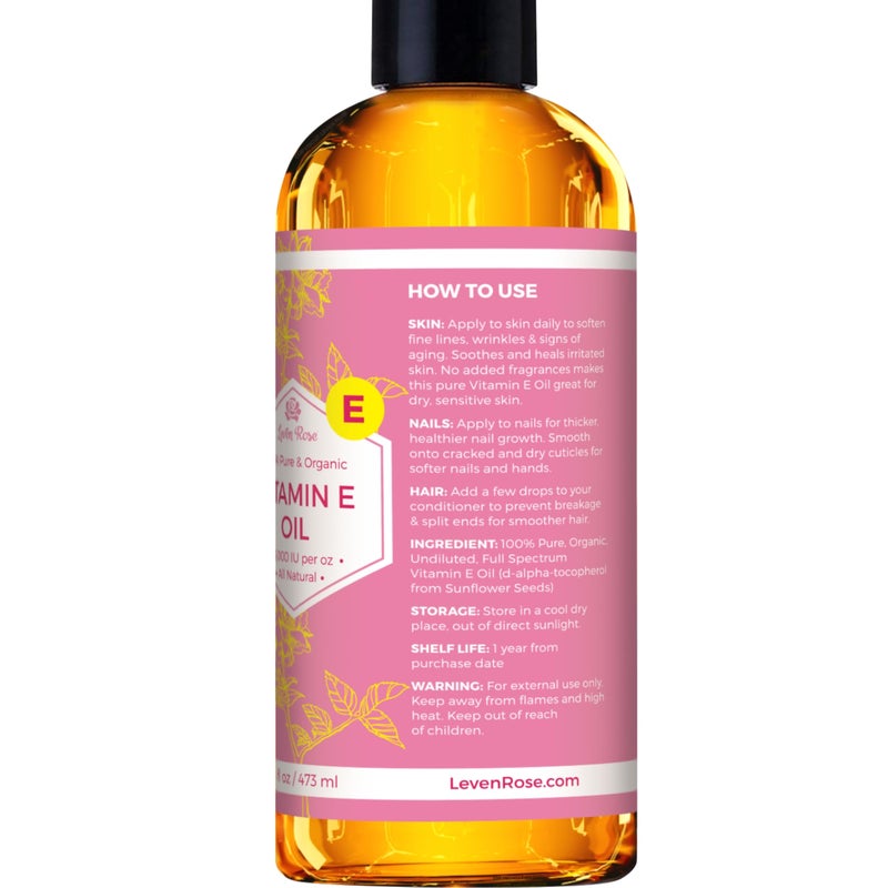 Leven Rose Bulk Vitamin E Oil by Leven Rose 75,000 IU per oz 100% Natural, Organic, Pure Vitamin E Oil for Skin, Face, Hair, and Nails, 16 oz - Image 5