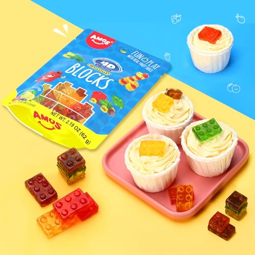 AMOS 4D Gummy Blocks Candy Bricks, Edible Building Blocks, Themed Novelty Candy for Kids Birthday Party, Cupcake Topper, Resealable 2.19oz Bag (Pack of 3) - Image 2