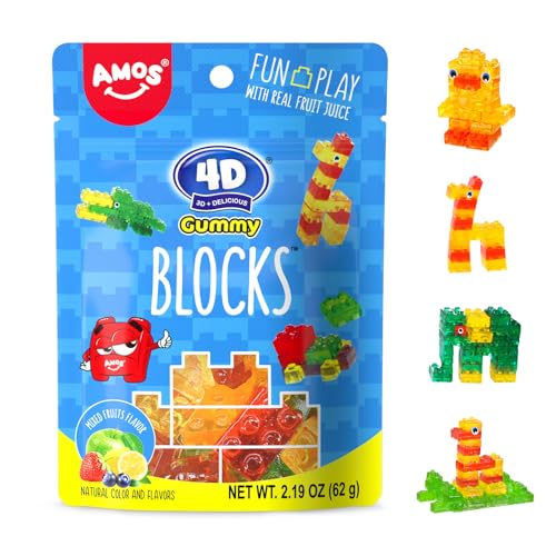 AMOS 4D Gummy Blocks Candy Bricks, Edible Building Blocks, Themed Novelty Candy for Kids Birthday Party, Cupcake Topper, Resealable 2.19oz Bag (Pack of 3) - Image 1