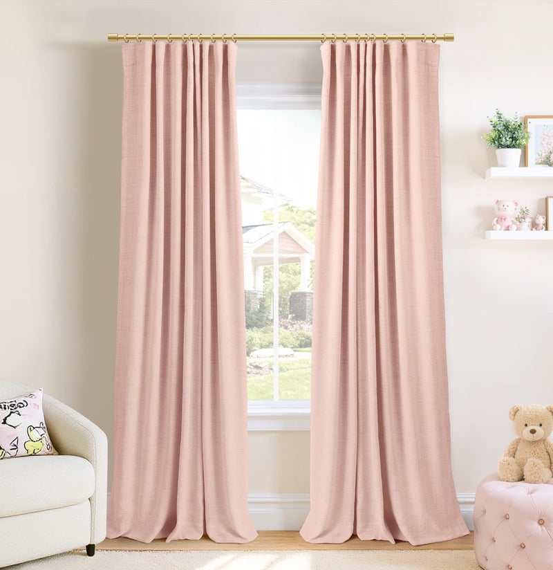 INOVADAY 100% Blackout Curtains for Bedroom, Black Out Curtains 96 Inch Long, Clip Rings Linen Blackout Drapes, Thermal Insulated Room Darkening for Living Room, 2 Panels - Blush Pink,W50xL96 - Image 1
