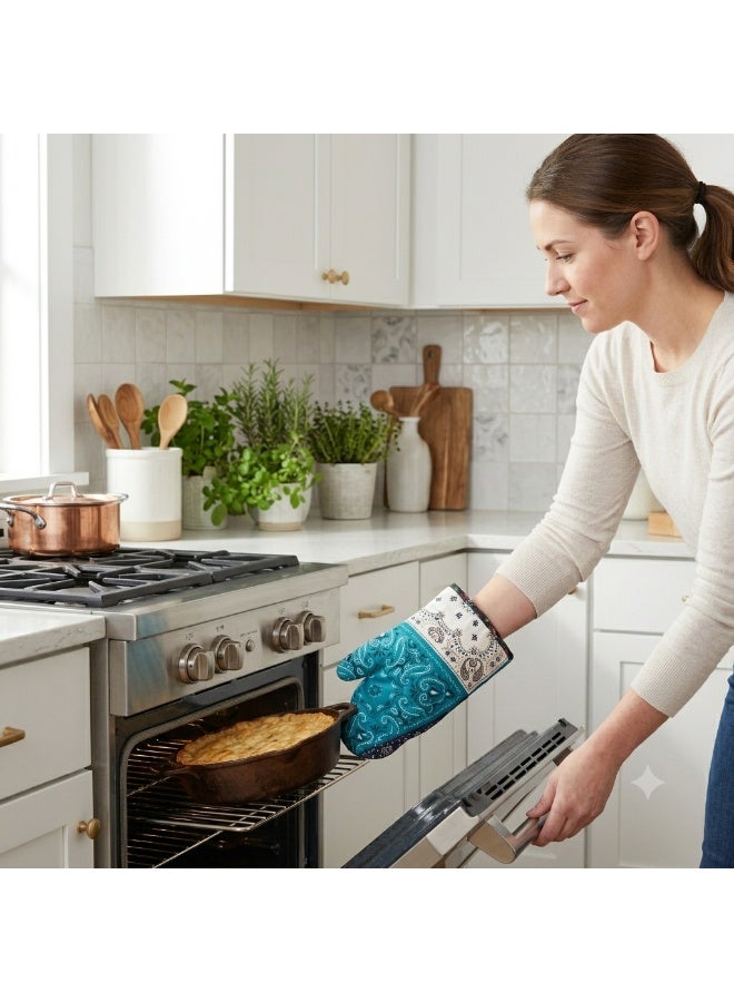 Hope Hot Pot Holder and Oven Mitt, Heat Resistant Cotton Kitchen Glove, Stylish Turquoise Paisley Print, Durable 1-Piece Set for Baking, Cooking and BBQ, Practical Hand Protection for Hot Pots and Cookware - Image 2
