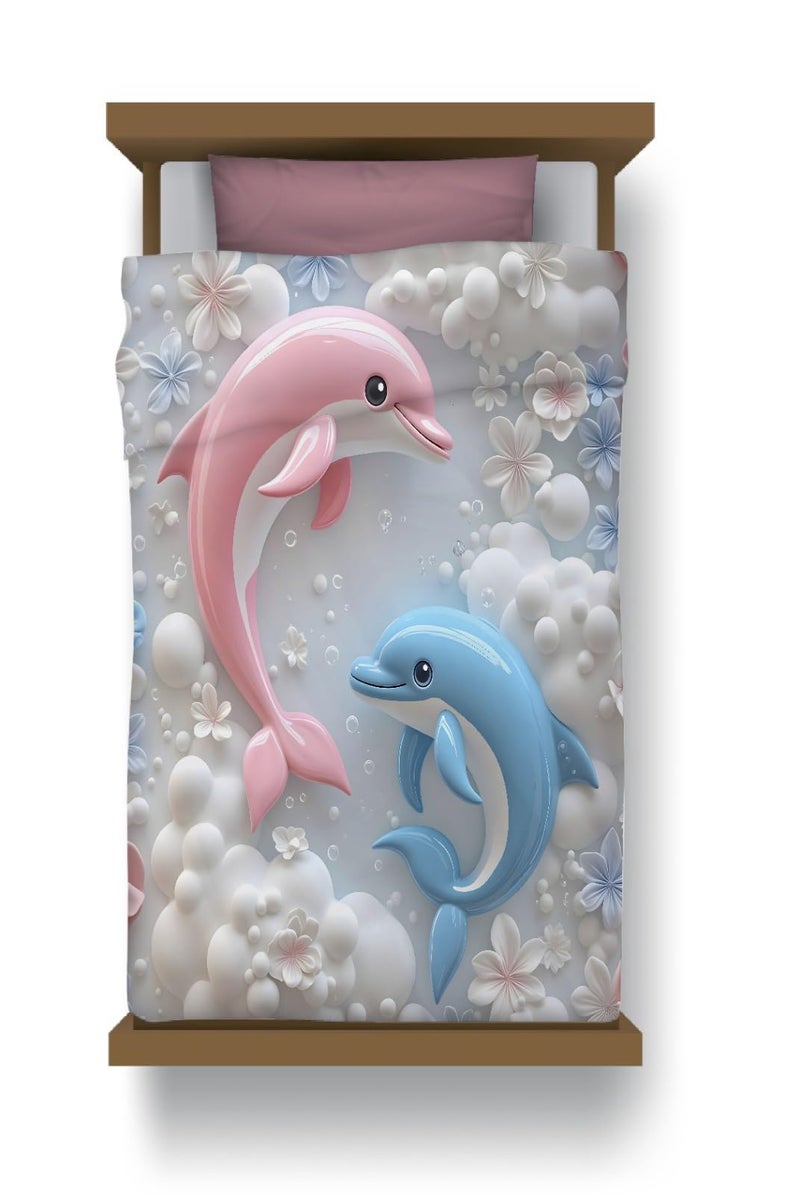 PRISCILLA 7D Printed Microfiber Kids Comforter Single Bed | Cotton Feel Lightweight Ultra Soft AC Blanket with Carry Bag | 150 GSM Baby Quilt/Duvet for All Season, 60x90 Inch (Dolphin) - Image 1